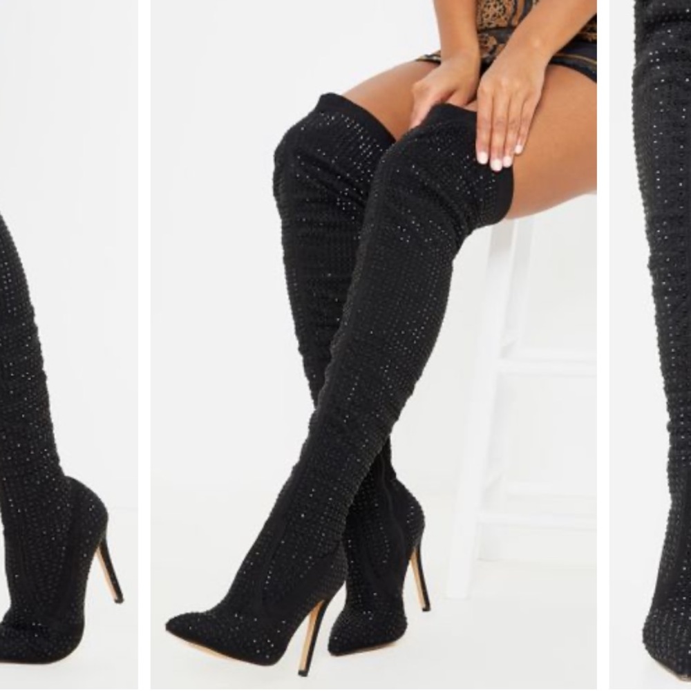 Black Diamante Thigh High Sock Boot